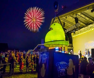 A 400 pound PEEPS chick descends for a countdown to the new year at Bethlehem's PEEPSFEST. Photo courtesy of ArtsQuest/Just Born PEEPSFEST