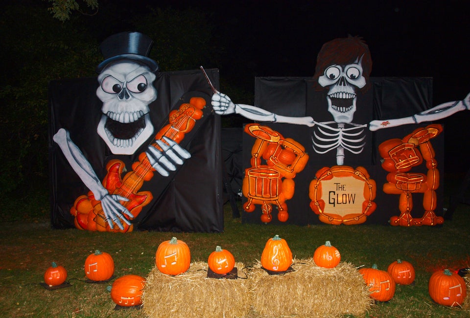 A huge skeleton band made out of pumpkins lights up the night at THE GLOW. Photo courtesy of the author