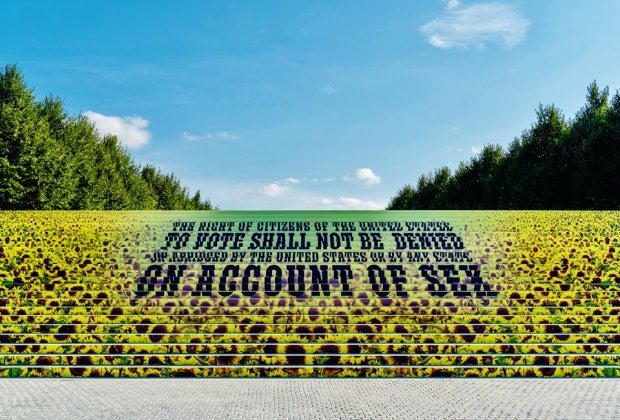 A field of sunflowers pops up in the middle of NYC as an homage to the women's suffrage movement. Photo courtesy of Four Freedoms Park.