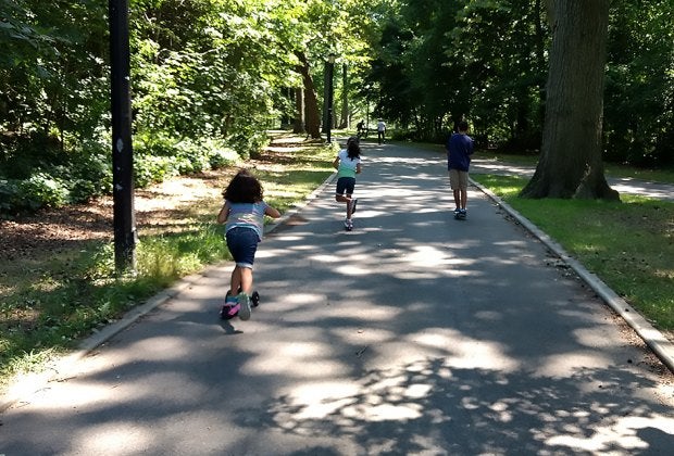 Pelham Bay Park's shady paths are great for scooting, biking, walking, or running.