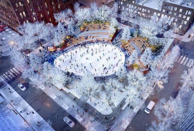 Domino Square is set to be a community hub and brings a new ice skating rink to Williamsburg this winter. Rendering courtesy of Two Trees Management