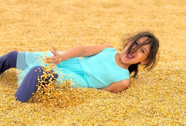 Kids love rolling around the barn full of corn at Fink’s Country Farm. Photo by the author