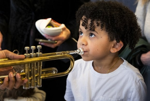 Kids can get to know the brass instruments during the Philharmonic Families program Saturday. Photo courtesy of the Kaufman Music Center
