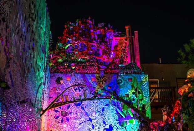 The Magic Gardens are lit up for a festive new look after dark. Photo by Pinball Photos LLC