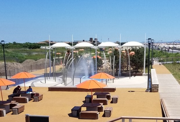 The splash pad is located near Field 4, just a walk across the boardwalk from the ocean.