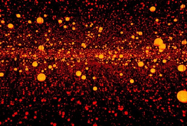 Yayoi Kusama's Mirrored Infinity Room is illuminated by an LED lighting system which projects the appearance of infinite space.