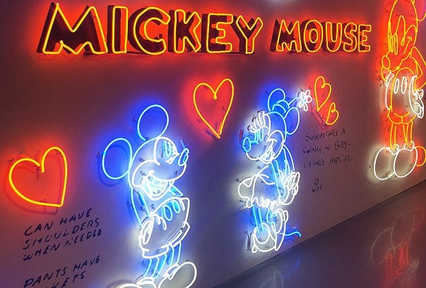 The neon "Hello Mickey" room is colorful greeting.