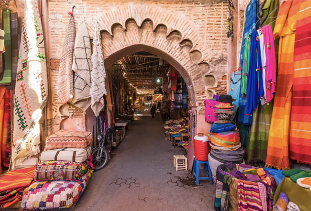 The coloful stalls in Jemaa el-Fnaa Market are filled with local handcrafted goods.