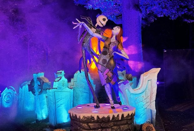 Join Jack Skellington, Sally, and Zero on a walk of wonders at NYBG's The Nightmare Before Christmas Light Trail. Photo by Ally Noel