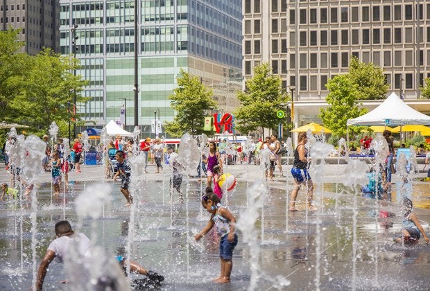 In the summer Dilworth Park is always a good place to run and splash around. Photo by M. Fischetti/Visit Philadelphia
