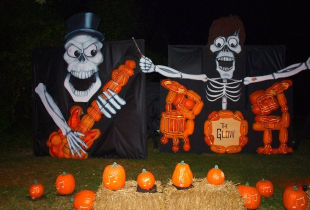 A huge skeleton band made out of pumpkins lights up the night at THE GLOW. Photo courtesy of the author