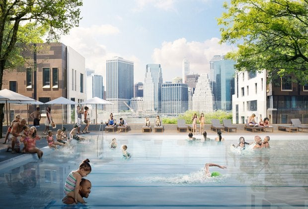 A permanent pool is coming to Squibb Park in Brooklyn Heights. Rendering courtesy of Brooklyn Bridge Park