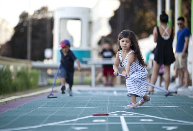 Spruce Street Harbor Park has two water features and tons of games to keep kids busy after a meal. Photo courtesy of Spruce Street Harbor Park
