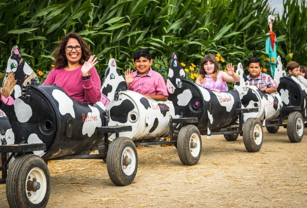 You can "moooove" around the farm in a barrel ride! Photo courtesy of Underwood Family Farms