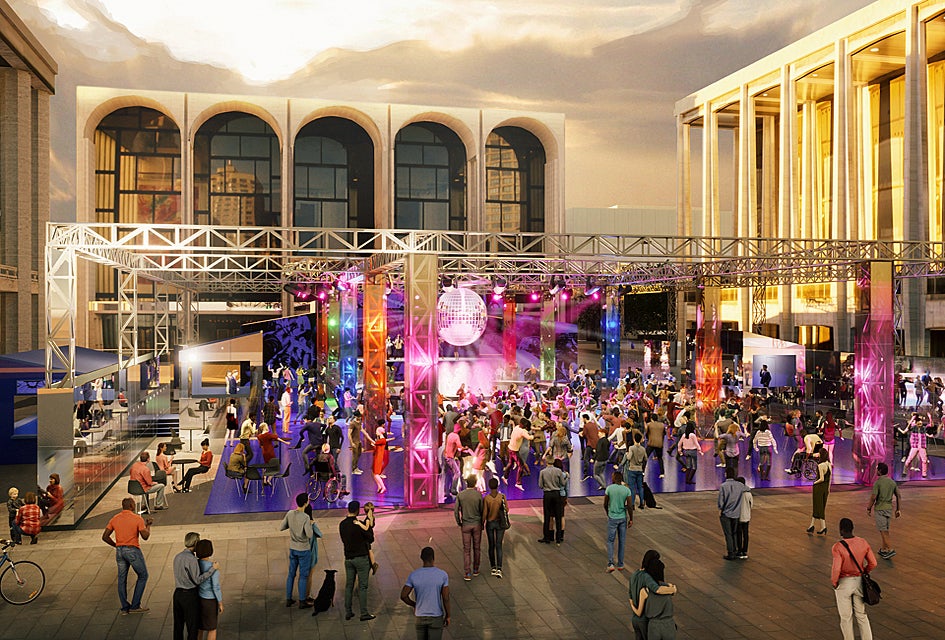 Dance on the larger-than-life disco floor dubbed The Oasis at Lincoln Center starting Saturday, May 14 as part of its Summer for the City festival. Illustration by Ali Kashfi/courtesy of Lincoln Center 