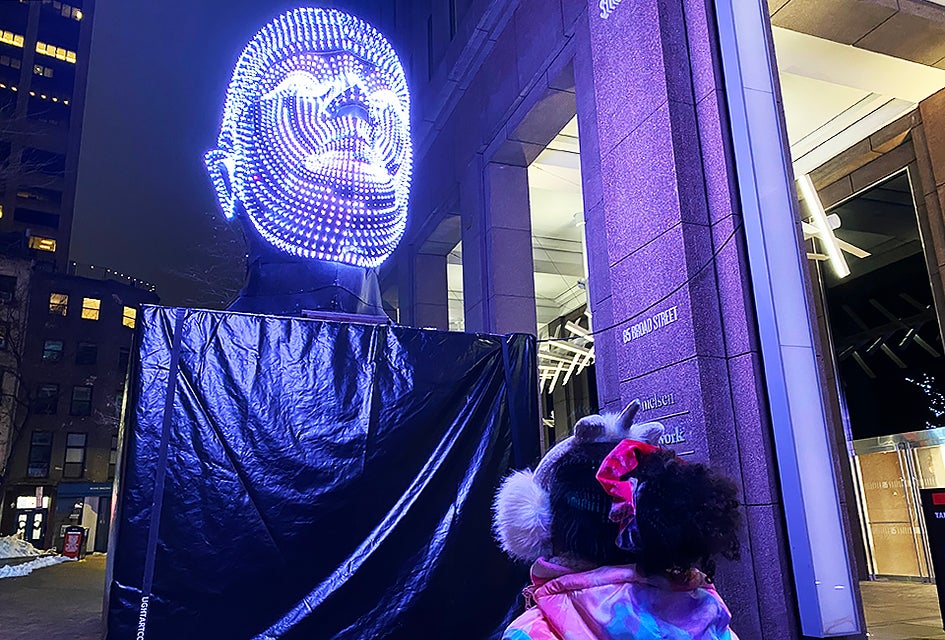 Talking Heads forms an imposing frame to the entrance at 85 Broad Street. 