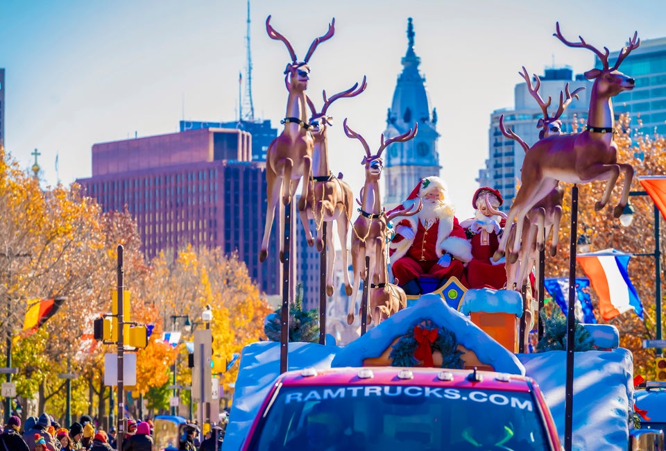 Santa cruising through the city for the 6abc  Dunkin' Thanksgiving Day Parade. Photo courtesy of J. Fusco for Visit Philadelphia.