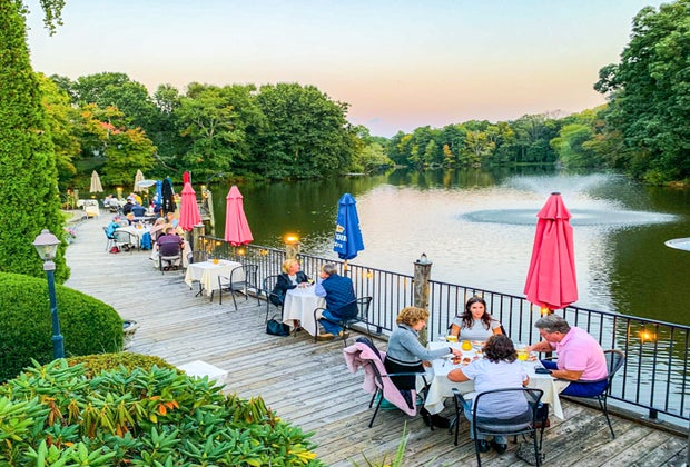 Photo of waterfront dining at the Mill on the River in Connecticut.