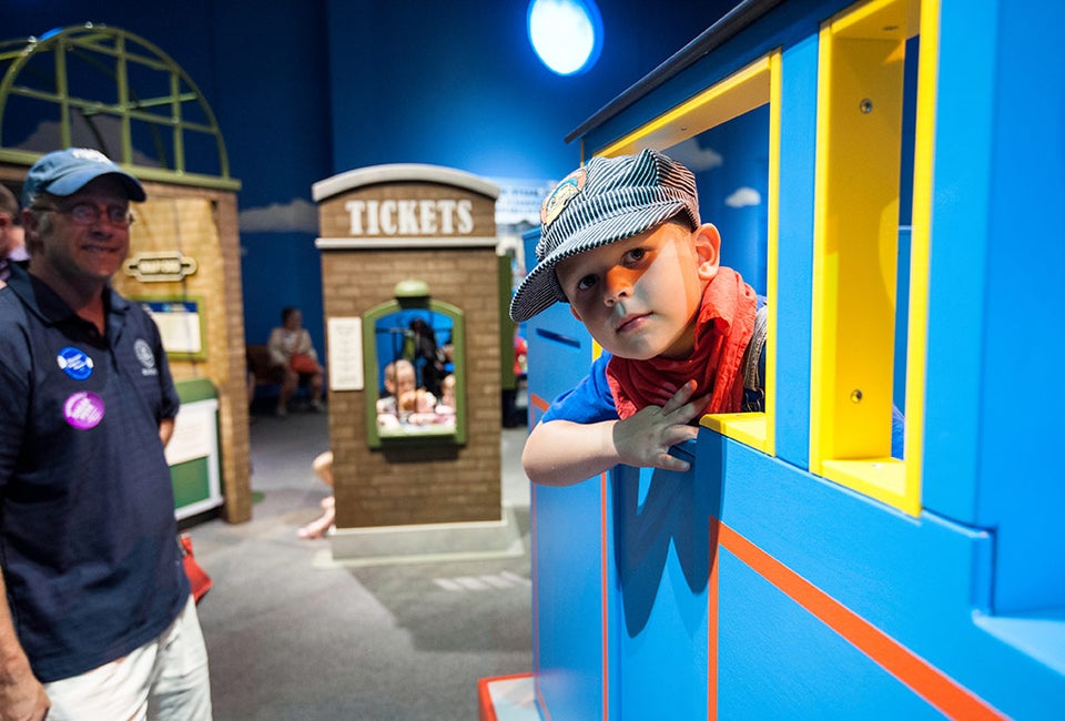 Kids are invited to climb aboard the little blue tank engine and explore train science and history at the MOS. Photo courtesy of Fisher Price/Thomas & Friends traveling exhibit