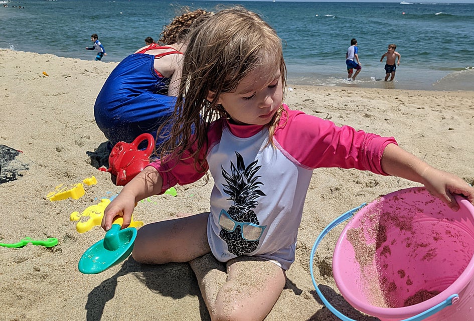 Sand castle building and more fun await little ones at Jones Beach State Park on Long Island. 