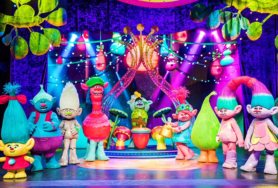 Get ready for another hair-raising adventure when Poppy, Branch and their friends come to life on-stage in Trolls LIVE! Photo courtesy of the production