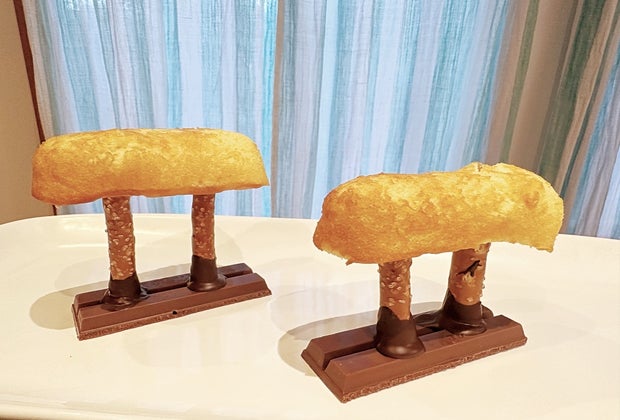 Pommel horses made out of Twinkies, KitKats and pretzel sticks.