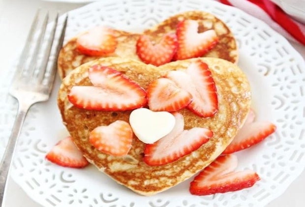 Valentine's Day Ideas: Heart-shaped pancakes and strawberries