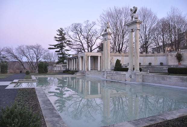 View of icy pond at Untermyer Garden Westchester Open Now