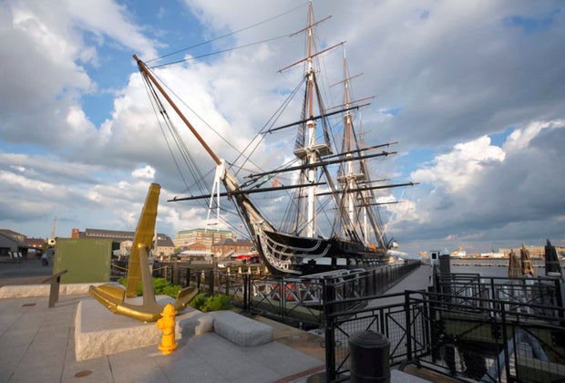 Image of USS Constitution docked in Charlestown Navy Yard.