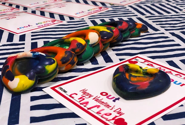 Melt down your old crayons, print out our card, and viola: easy, homemade Valentine's Day cards.